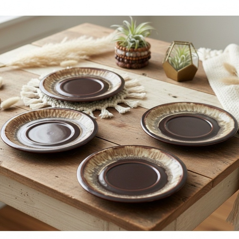 Pfaltzgraff Gourmet Brown Drip Saucers, Set of 4, Vintage Stoneware Dinnerware